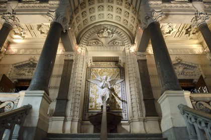 France, Rhone, Lyon, historical site listed as World Heritage by UNESCO, Notre Dame de Fourviere basilica, the Angel of Wisdom on the stairs leading to the side access doors of the nave