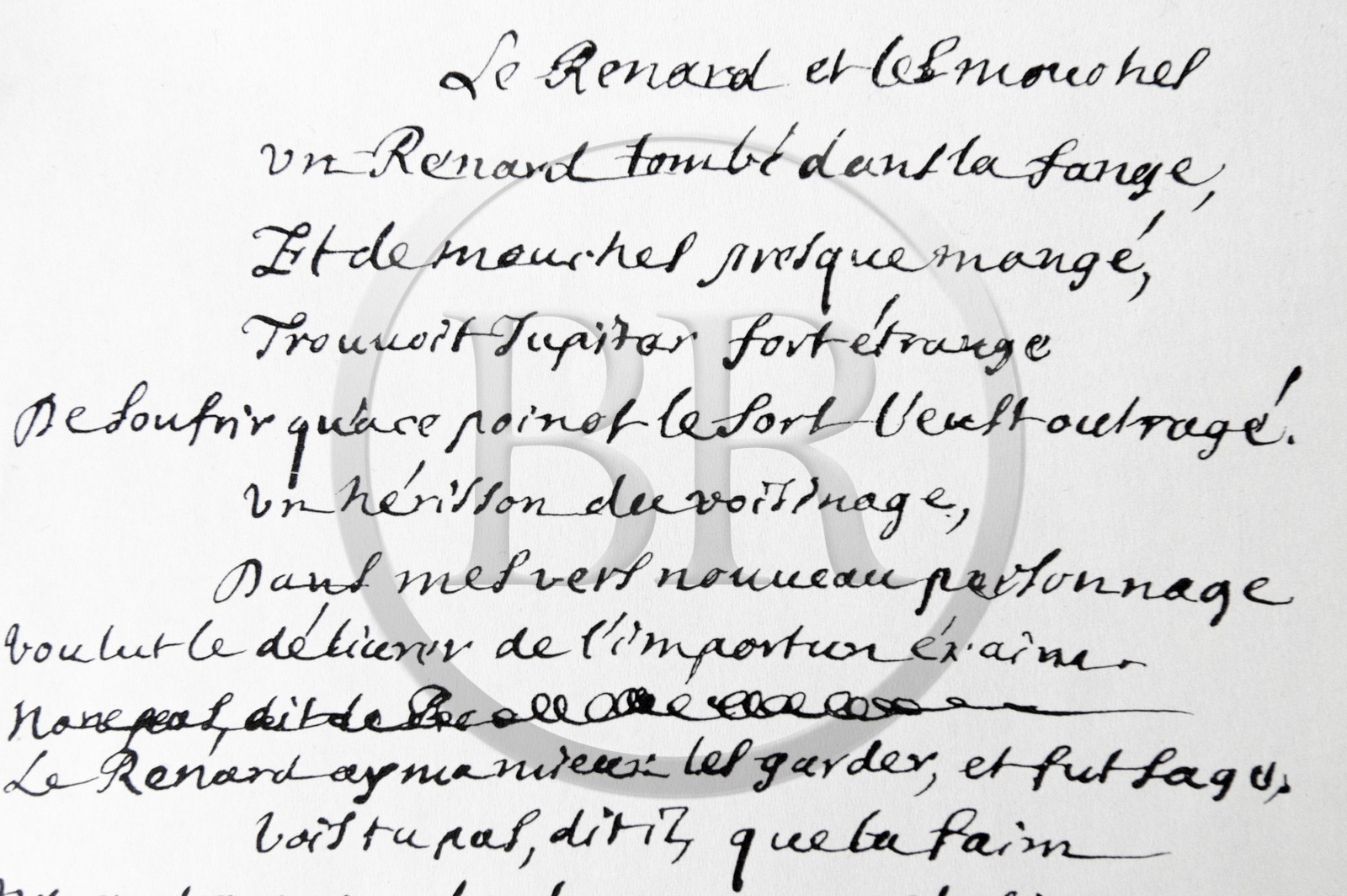 France, Aisne (02), Château-Thierry, Musée Jean de La Fontaine - Ville de Chateau-Thierry, brouillon de la Fable Le Renard, les Mouches et le Hérisson écrit à la plume de la main de Jean de La Fontaine (fac-similé)