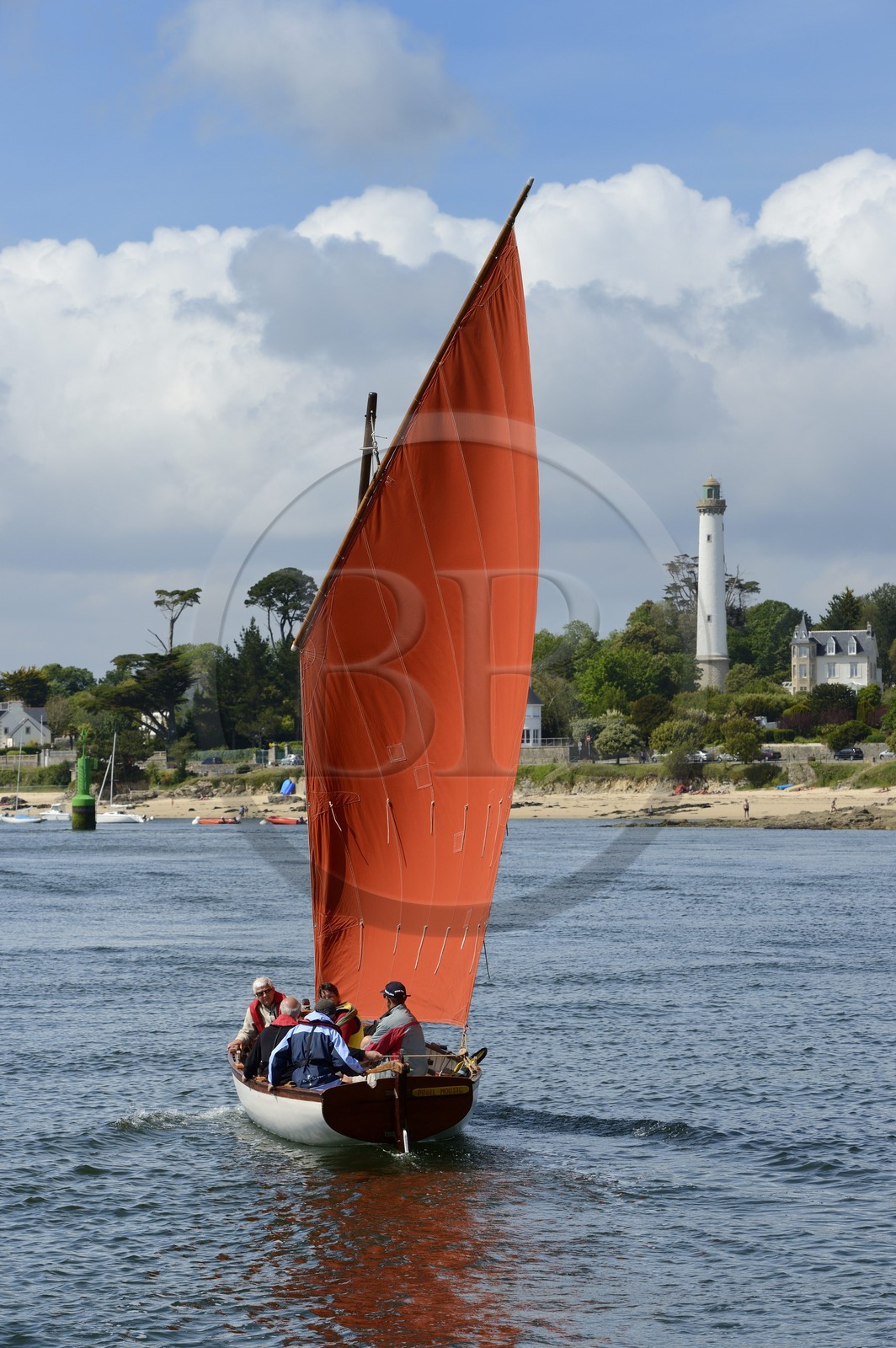 France, Finistere, Benodet, Trez Cove, arrival of the sailing boat (yole) Poull Mousig in the Odet river estuary