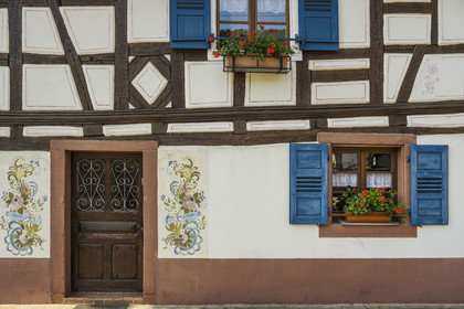France, Bas Rhin, Northern Vosges Regional Natural Park, Obersteinbach, traditional half-timbered house in the main street