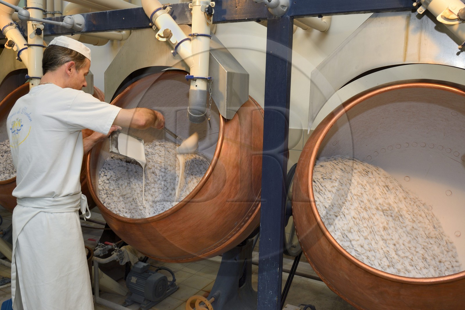 France, Meuse, Verdun, Braquier sugared almonds (dragee) factory, peeling almonds, operation designed to cover the almonds with a film and prevent oil from migrating to the outside