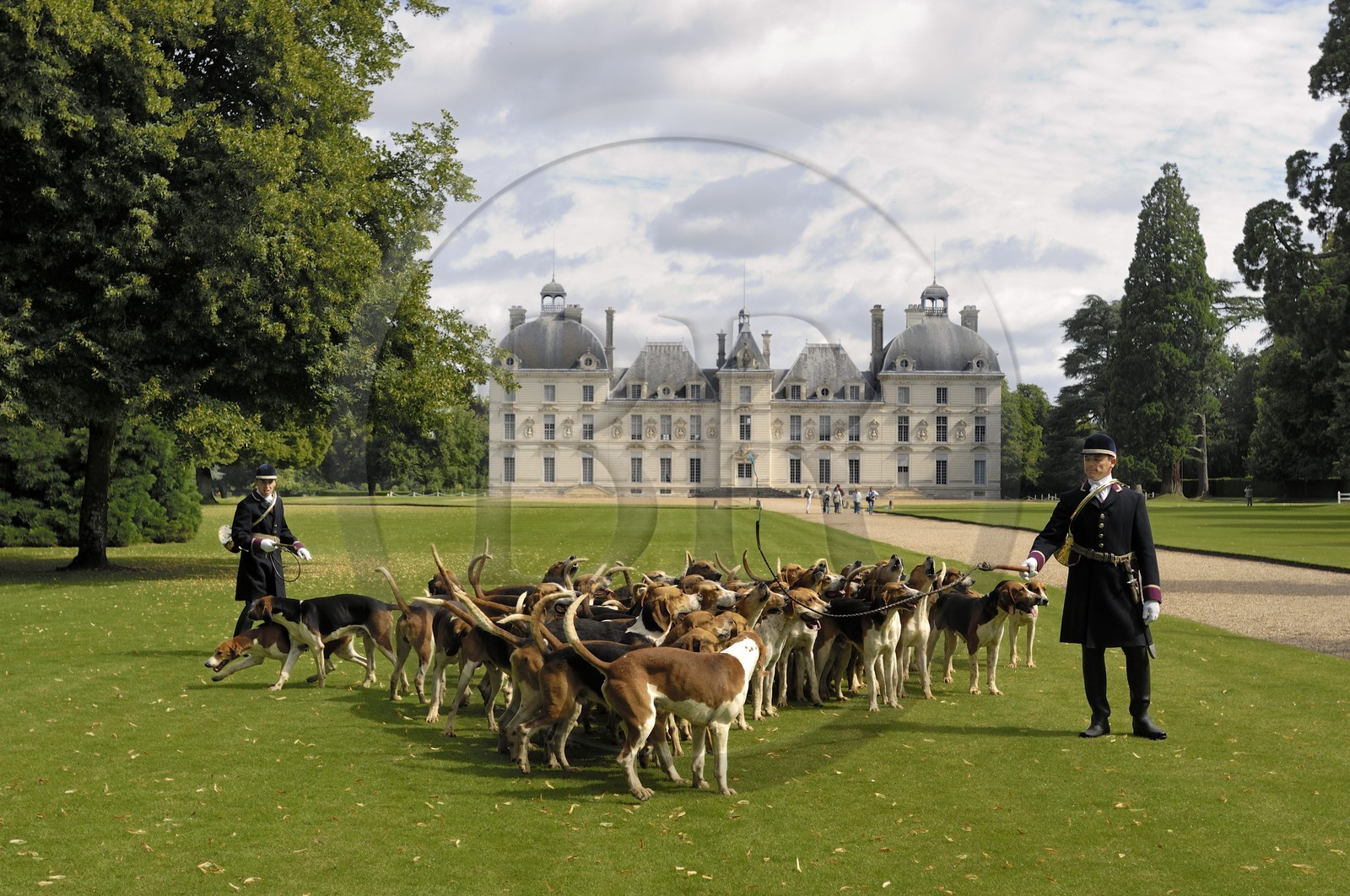 France, Loir-et-Cher (41), château de Cheverny, les piqueux Vol au Vent et La Rosée qui gèrent la meute de 90 chiens de chasse à cour