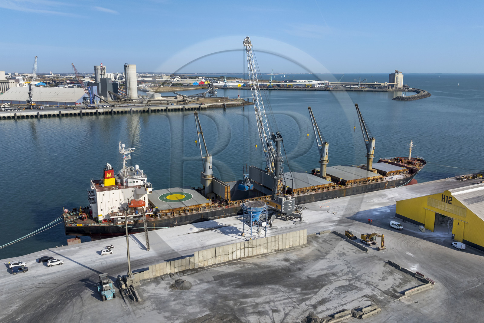 France, Charente Maritime, La Rochelle, the Port Atlantique La Rochelle, La Pallice trade port, unloading a cargo on docks from the mole of call (aerial view)