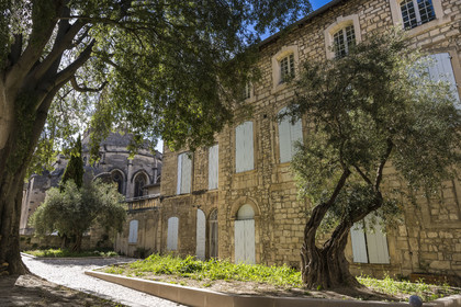 France, Bouches-du-Rhône (13), Tarascon, place Fraga, ancien jardin et cour de l'hotel particulier Sade-Cadillan, la collégiale royale Sainte-Marthe en arrière plan