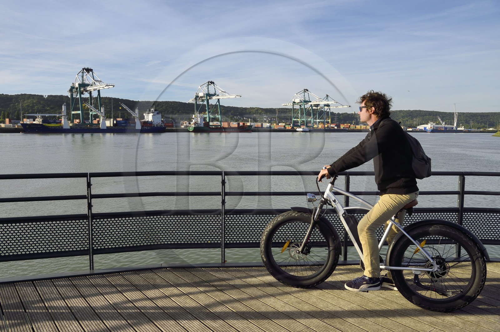 France, Seine-Maritime, Norman Seine River Meanders Regional Nature Park, Hautot sur Seine, cyclist on the veloroute facing the Grand Port Maritime of Rouen