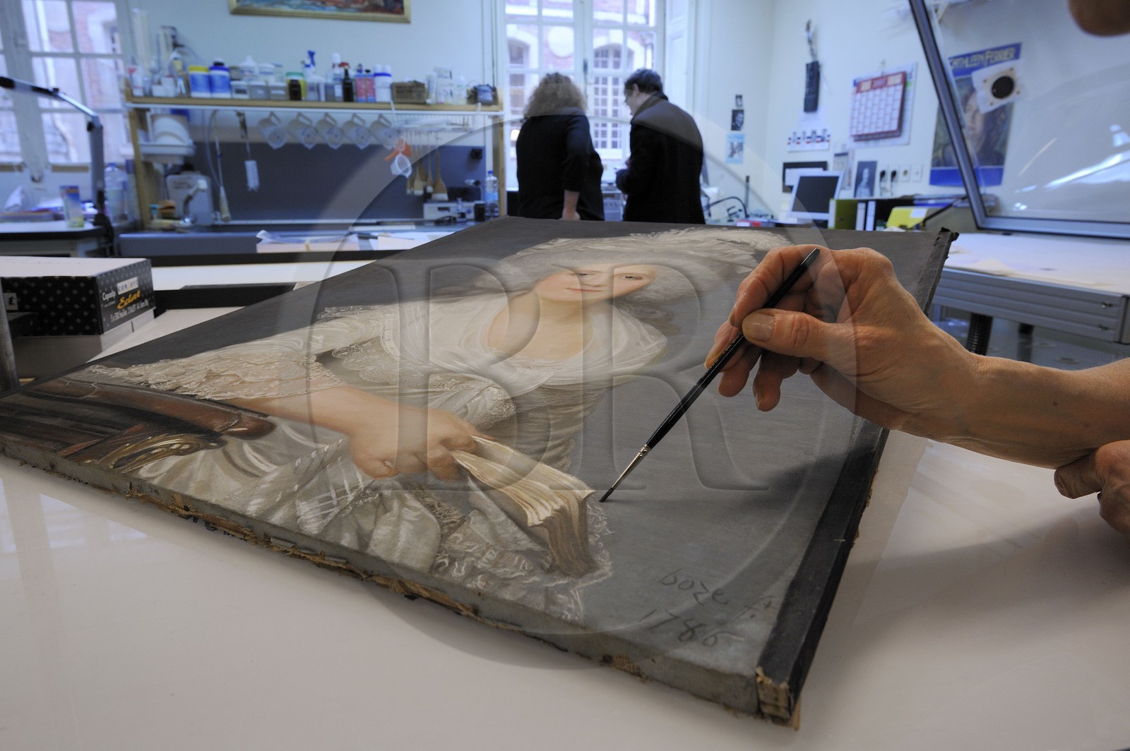 France, Yvelines (78), château de Versailles, ateliers de restauration du château, atelier des dessins et estampes, portrait de Mme Campan lectrice de Marie Antoinette par J.Boze