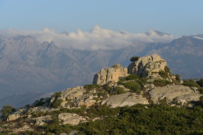 France, Haute-Corse (2B), les montagnes autour de Calvi depuis la chapelle Notre-Dame de la Serra