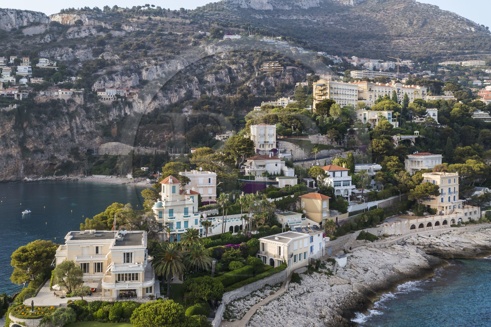 France, Alpes-Maritimes, Cap d'Ail, luxury villas towards Cap Mala (aerial view)