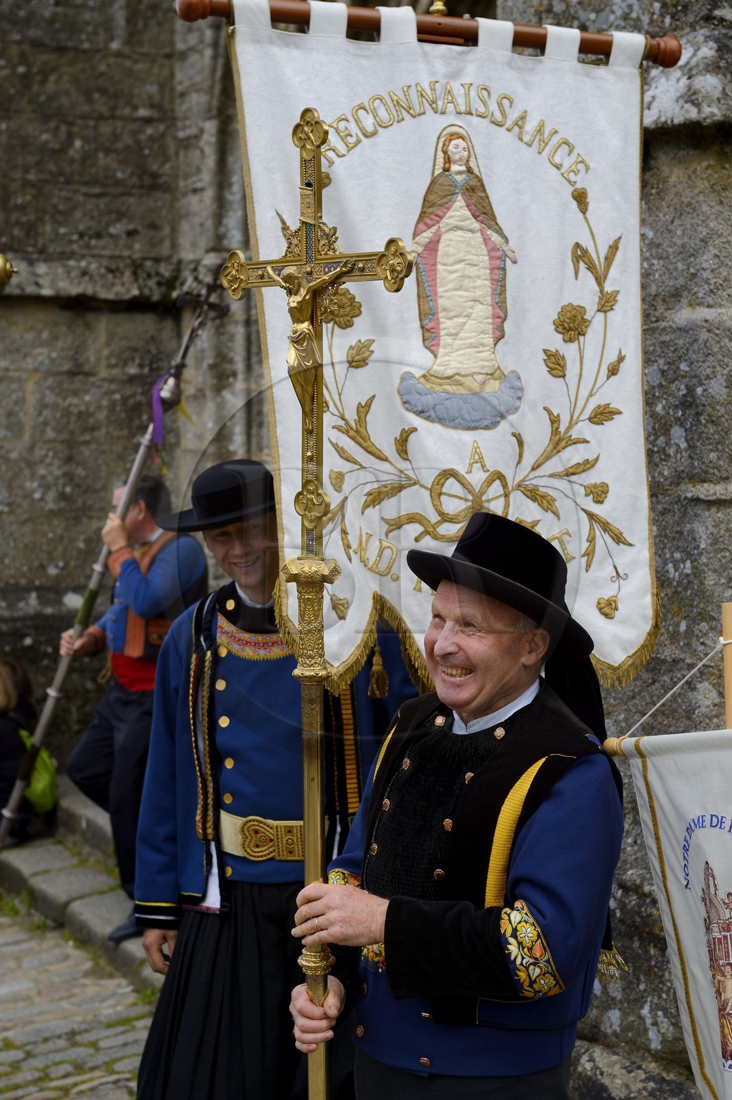 France, Finistere, Locronan, labelled Les plus Beaux Villages de France (The Most Beautiful Villages of France), leaving in traditional costume Péniti chapel adjacent to the church of Saint Ronan for the start of the procession of the Tromenie