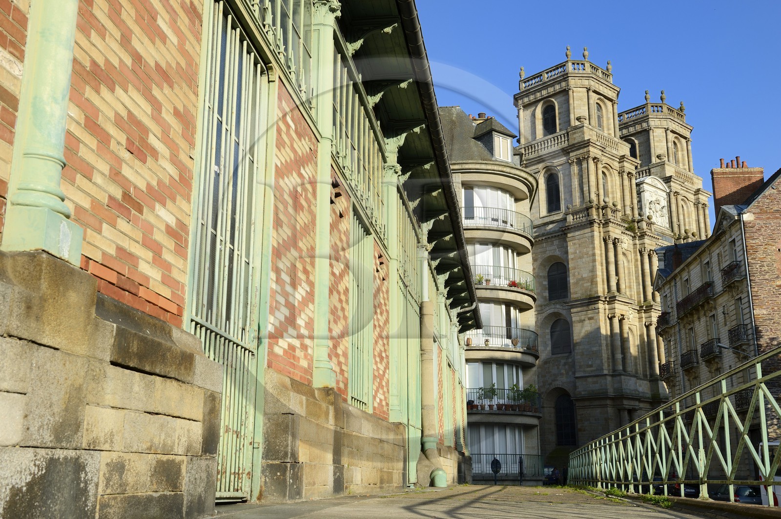 France, Ille-et-Vilaine (35), Rennes, place des Lices, marché des Lices et la cathédrale Saint Pierre