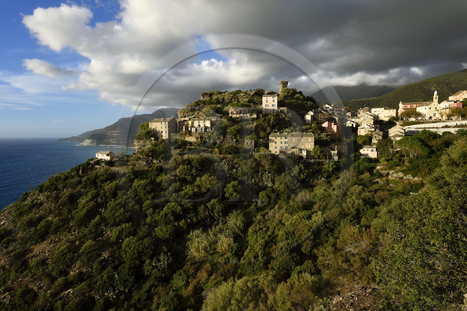 France, Haute Corse, Cap Corse, the hilltop village of Nonza and the Paoline Tower (Torra paolina)