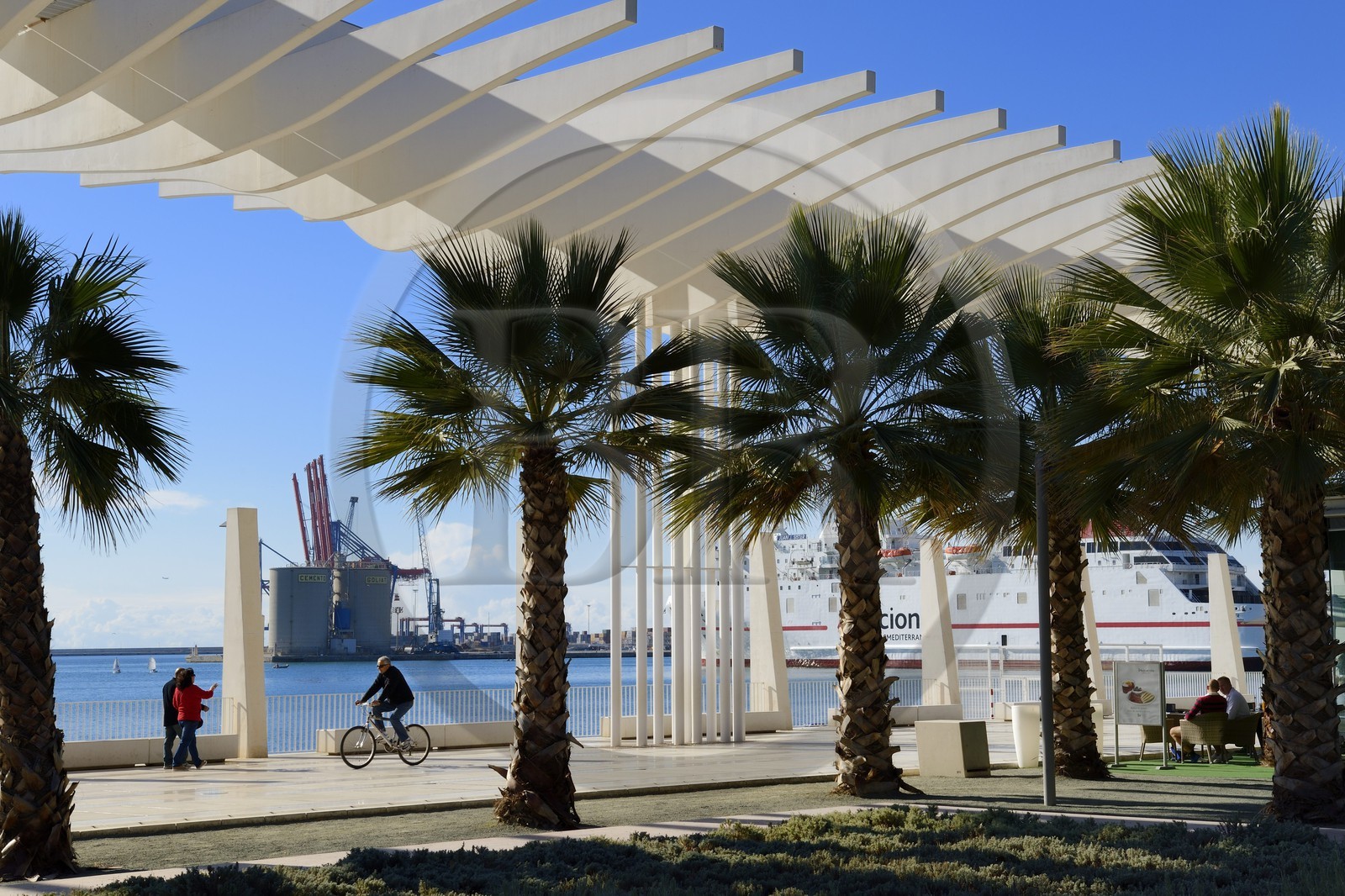 Espagne, Andalousie, Malaga, le front de mer sur le port, Palmeral de las Sorpresas