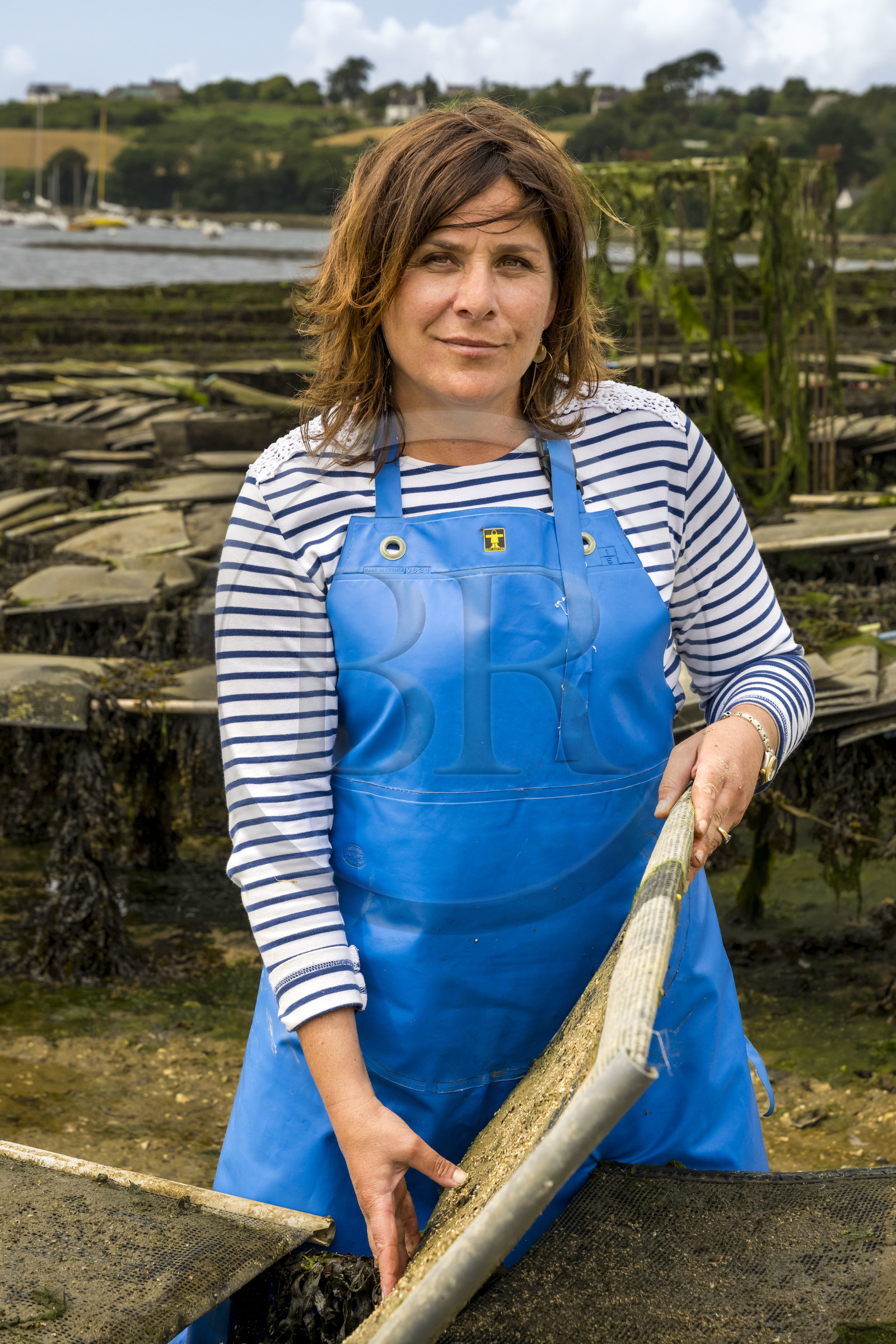 France, Finistère (29), Pays des Abers,  Lannilis, viviers et parc à huitres Prat-Ar-Coum, entreprise ostréicole de la famille d’Yvon Madec sur l'Aber Benoit, Caroline Madec travaille sur des poches de criblure de naissains d’huitres