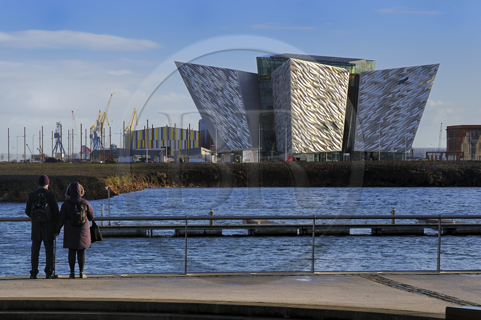 United Kingdom, Northern Ireland, Belfast, the new Titanic Quarter of Queen's Island and the Titanic Belfast Experience center in the background