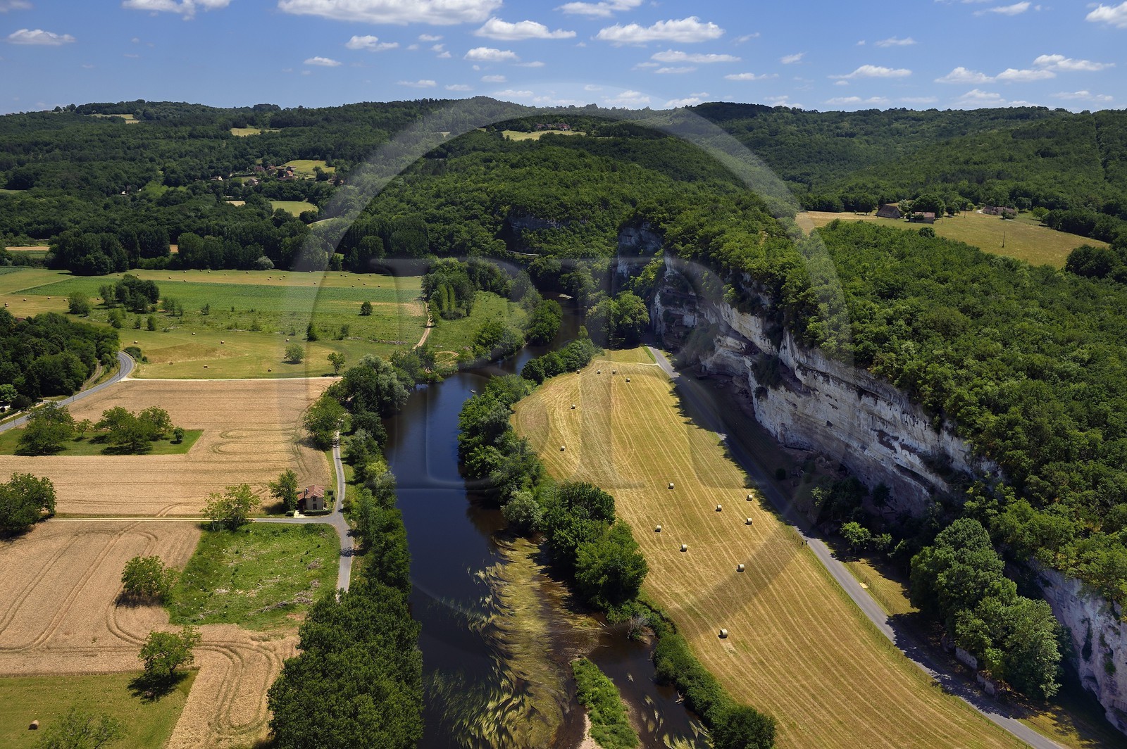 France, Dordogne, Perigord Noir, Vezere Valley, prehistoric site and decorated cave listed as World Heritage by UNESCO, Peyzac le Moustier, La Roque Saint Christophe Cliff, troglodytic site dating of the Prehistory (aerial view)