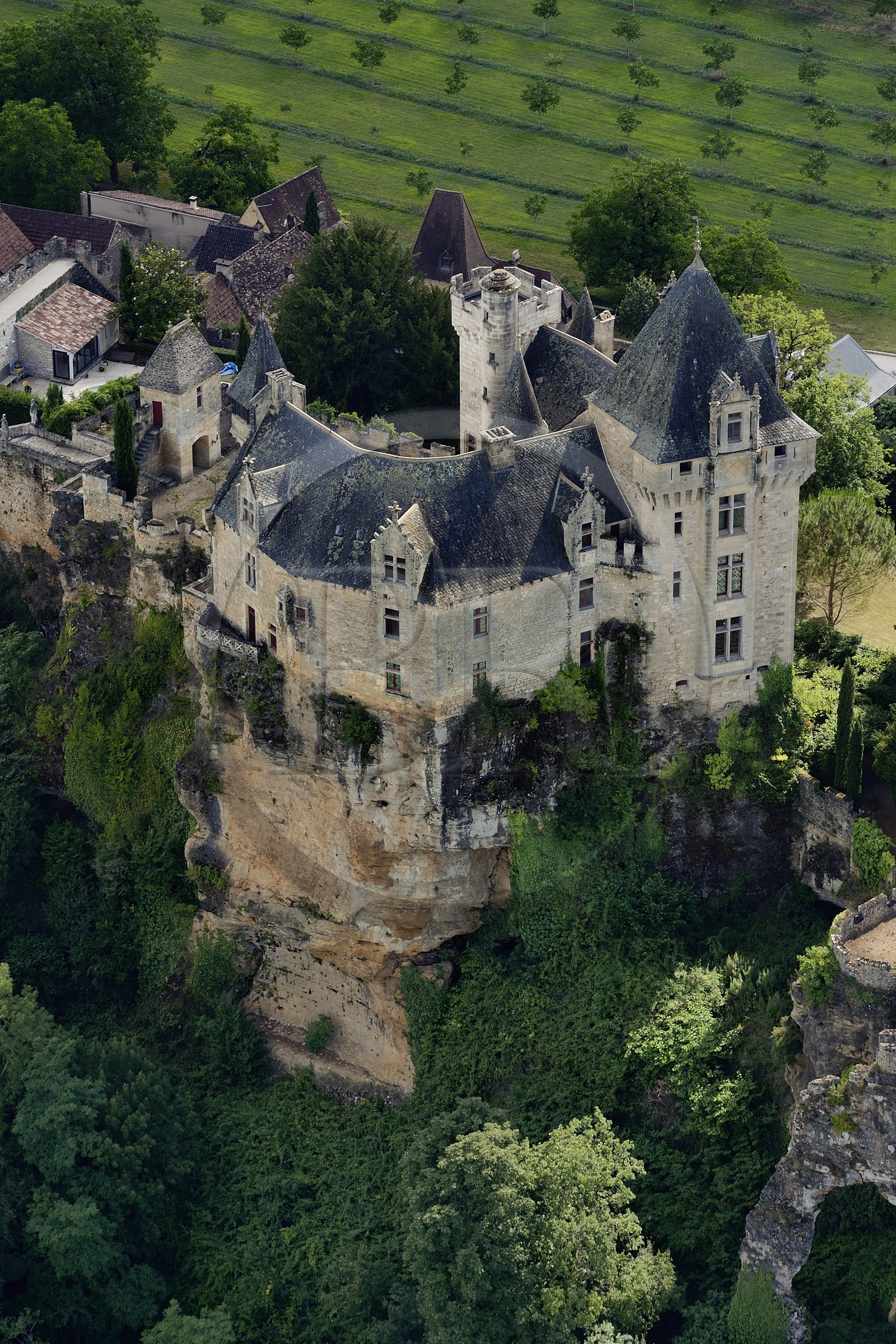 France, Dordogne (24), Périgord Noir, vallée de la Dordogne, Vitrac, chateau de Montfort (vue aérienne)