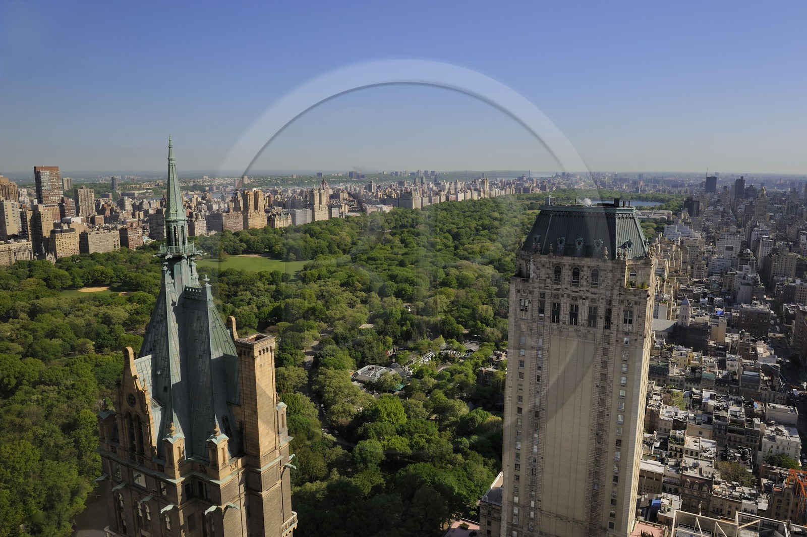 United States, New York, Manhattan, Central Park seen from the southeast corner, The Sherry-Netherland Building in the foreground left and the Hotel Pierre on the right, in the back right the Upper East Side and left of Central Park the Upper West Side