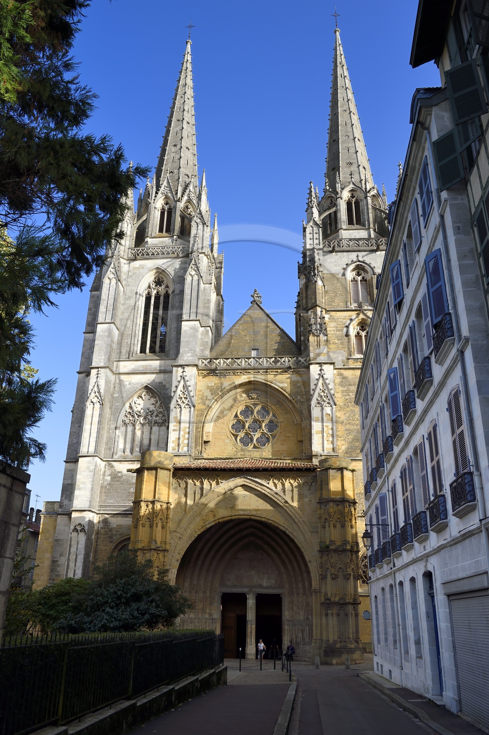 France, Pyrenees Atlantiques, Basque Country, Bayonne, porch and spires of St. Mary's Cathedral