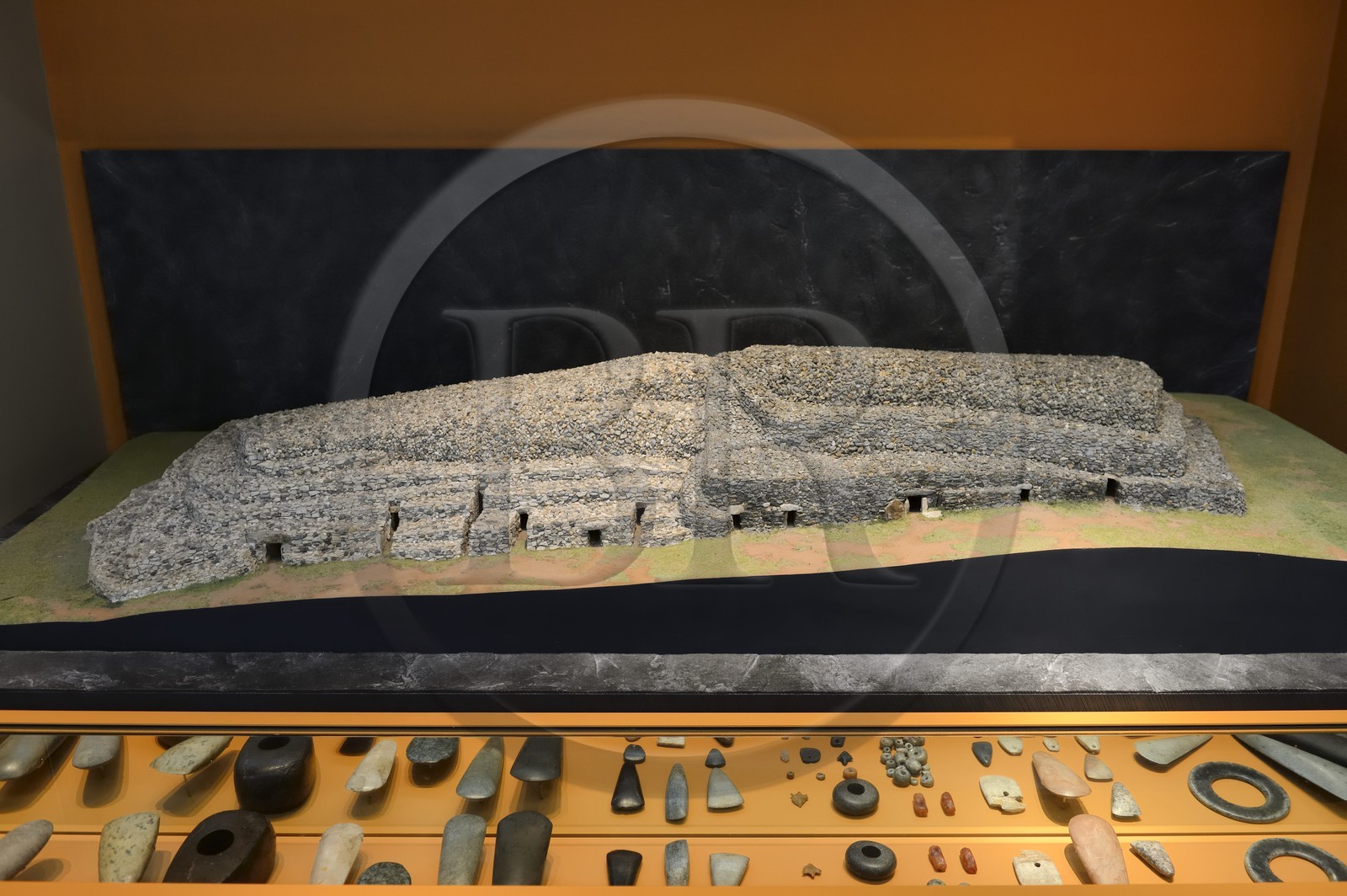 France, Ille-et-Vilaine, Rennes, building of Champs Libres from architect Christian de Portzamparc, the Brittany Museum (Musée de Bretagne), model of the Barnenez cairn, 6000 years old made of two cairns