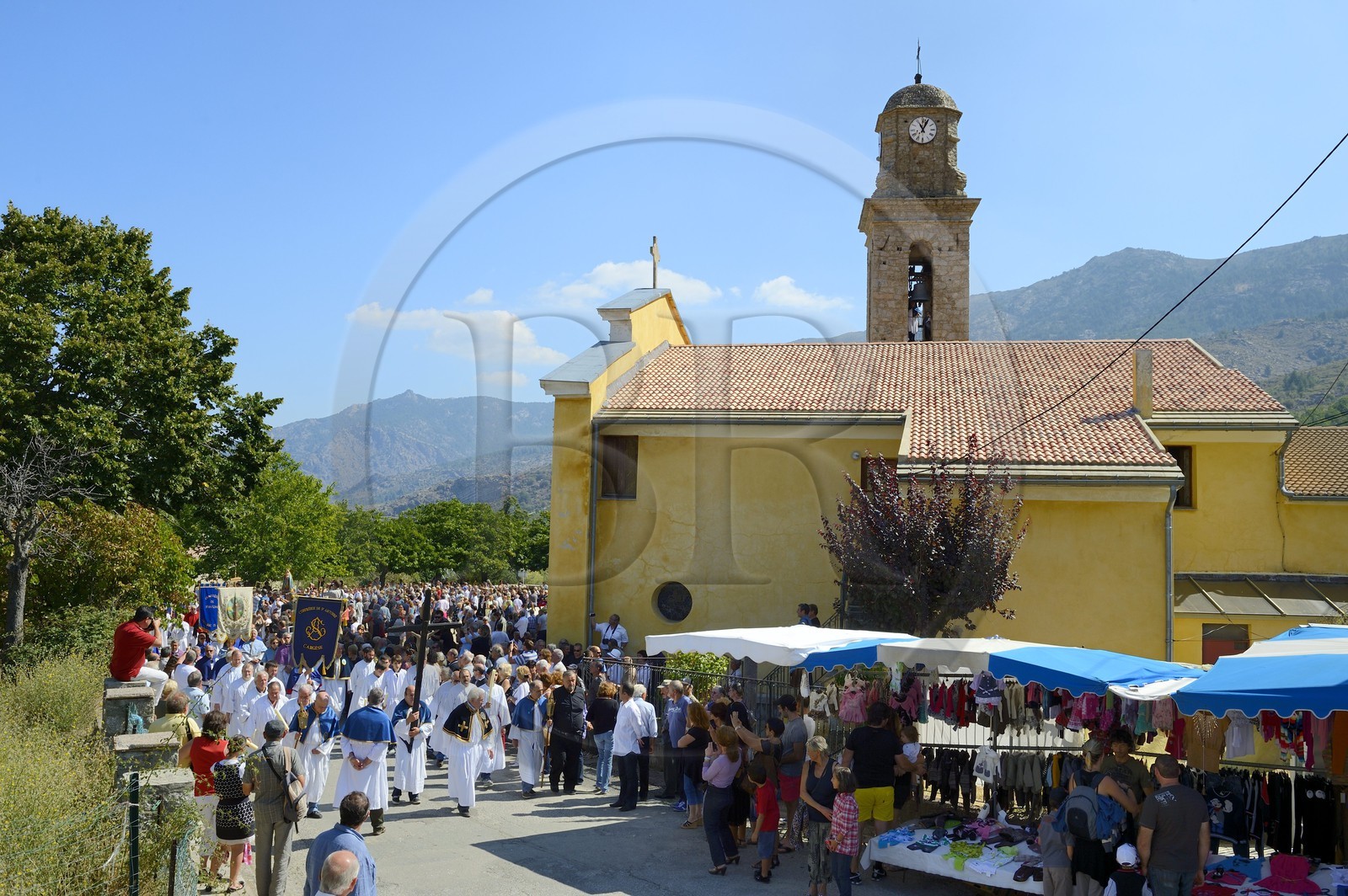 France, Haute Corse, Niolu (Niolo) region, Casamaccioli, la Santa di Niolu religious festivity to celebrate the Nativity of the Virgin, procession of religious brotherhoods members
