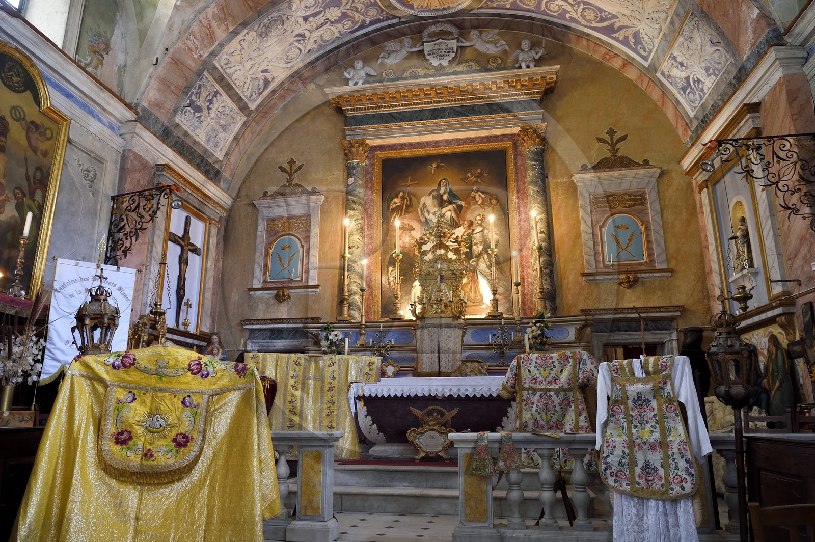 France, Alpes-Maritimes, Bevera Valley, Sospel, chapelle Sainte Croix (Holy Cross Chapel) of the White Penitents from the 16th century, clergymen copes