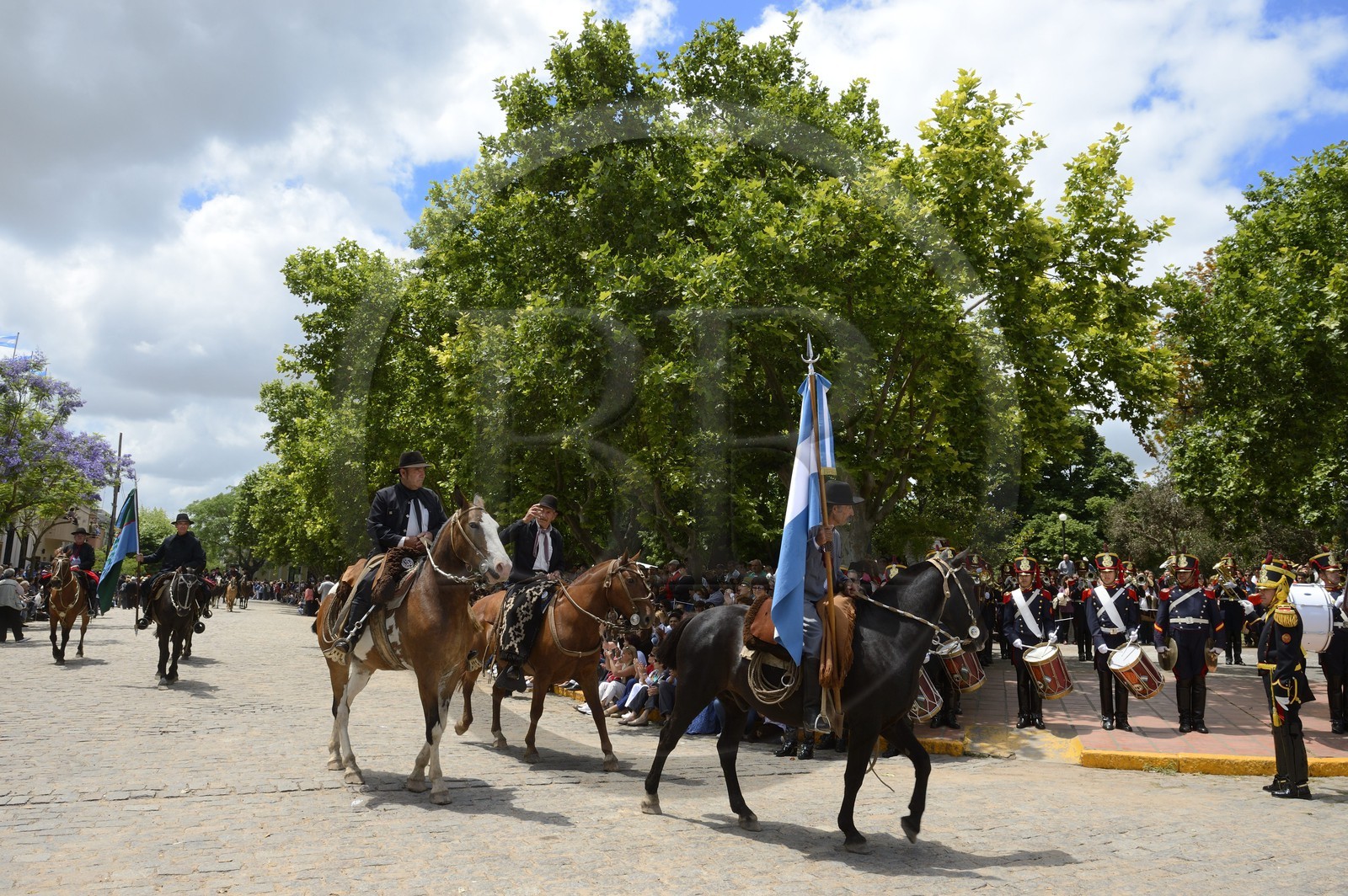 Argentine, province de Buenos Aires, San Antonio de Areco, fête du Jour de la Tradition (Dia de la Tradicion), gauchos à cheval défilant en habit traditionnel