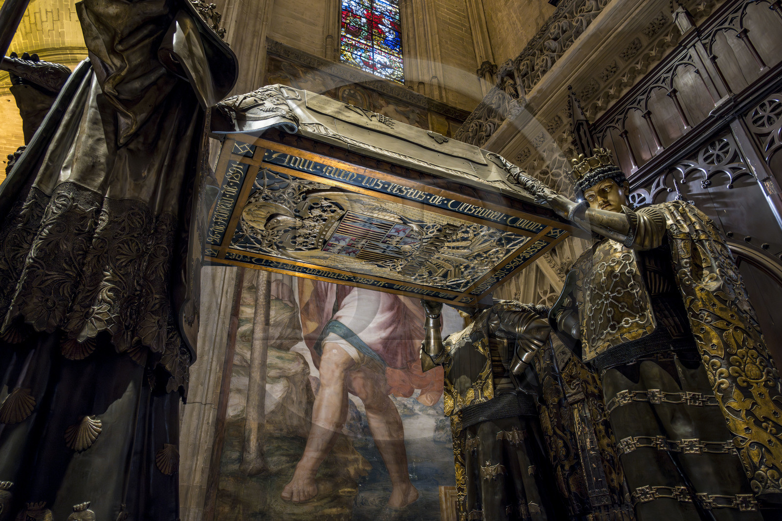 Espagne, Andalousie, Séville, la cathédrale, classé Patrimoine Mondial de l'UNESCO, mausolé de Christophe Colomb (mausoleo de Colon)