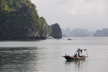 Vietnam, province de Quang Ninh, la Baie d'Halong classée Patrimoine Mondial de l'UNESCO, bateau de pêche entre les iles karstiques