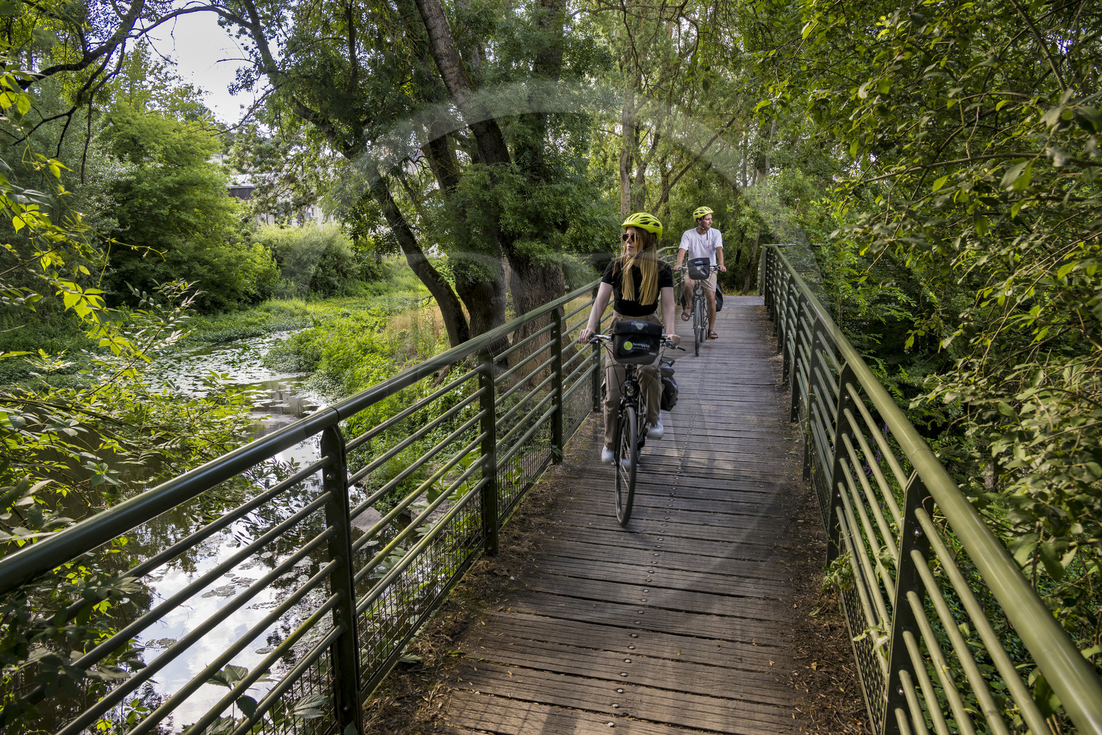 France, Maine-et-Loire (49), vallée de la Loire classée au Patrimoine Mondial par l'UNESCO, Saumur, randonnée à bicyclette sur les berges de la Loire, passerelle sur un bras de la Loire