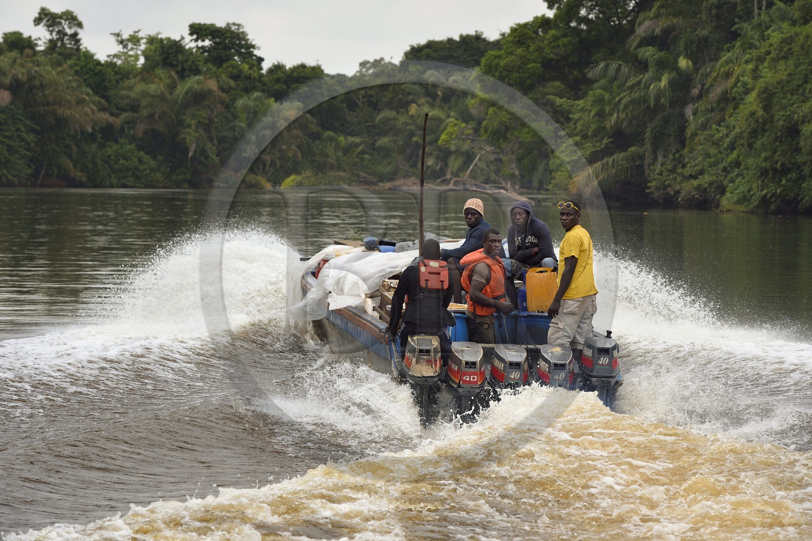 Gabon, province de Ogooué- Maritime, transport de frêt sur un bateau à moteur descendant une rivière de la lagune du Fernan Vaz (Nkomi)