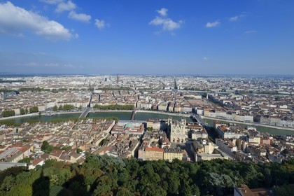 France, Rhone, Lyon, historical site listed as World Heritage by UNESCO, Vieux Lyon (Old Town), Saint Jean Cathedral (Saint John's Cathedral) and the place Bellecour in the district of La Presqu'Ile in the background