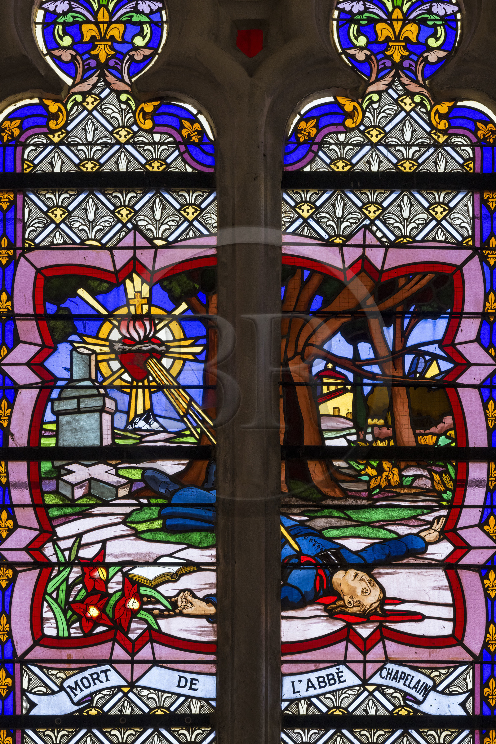France, Vendee, Mortagne sur Sèvre, Saint-Hilaire church, church and stained glass interpretation center, stained glass window representing the Vendée War made by the Mortagnais master glassmaker Roger Degas, the death of Abbot Chapelain shot by Republican soldiers