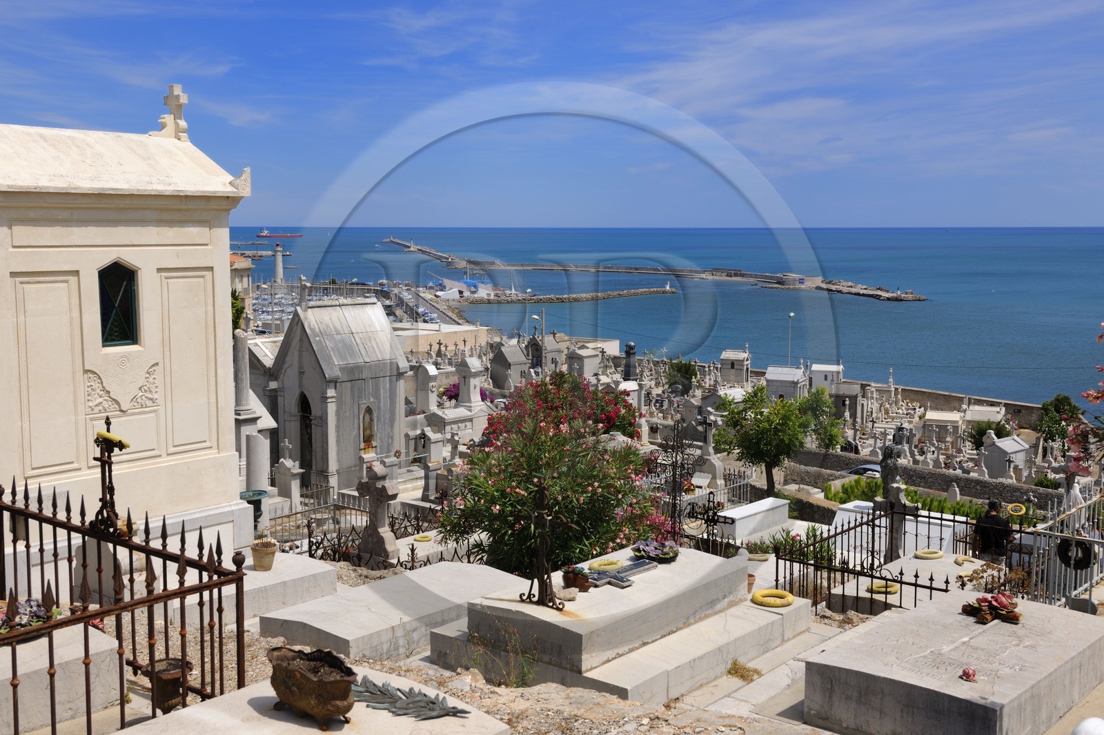 France, Herault, Sete, Paul Valery Maritime Cemetery and the port in the back