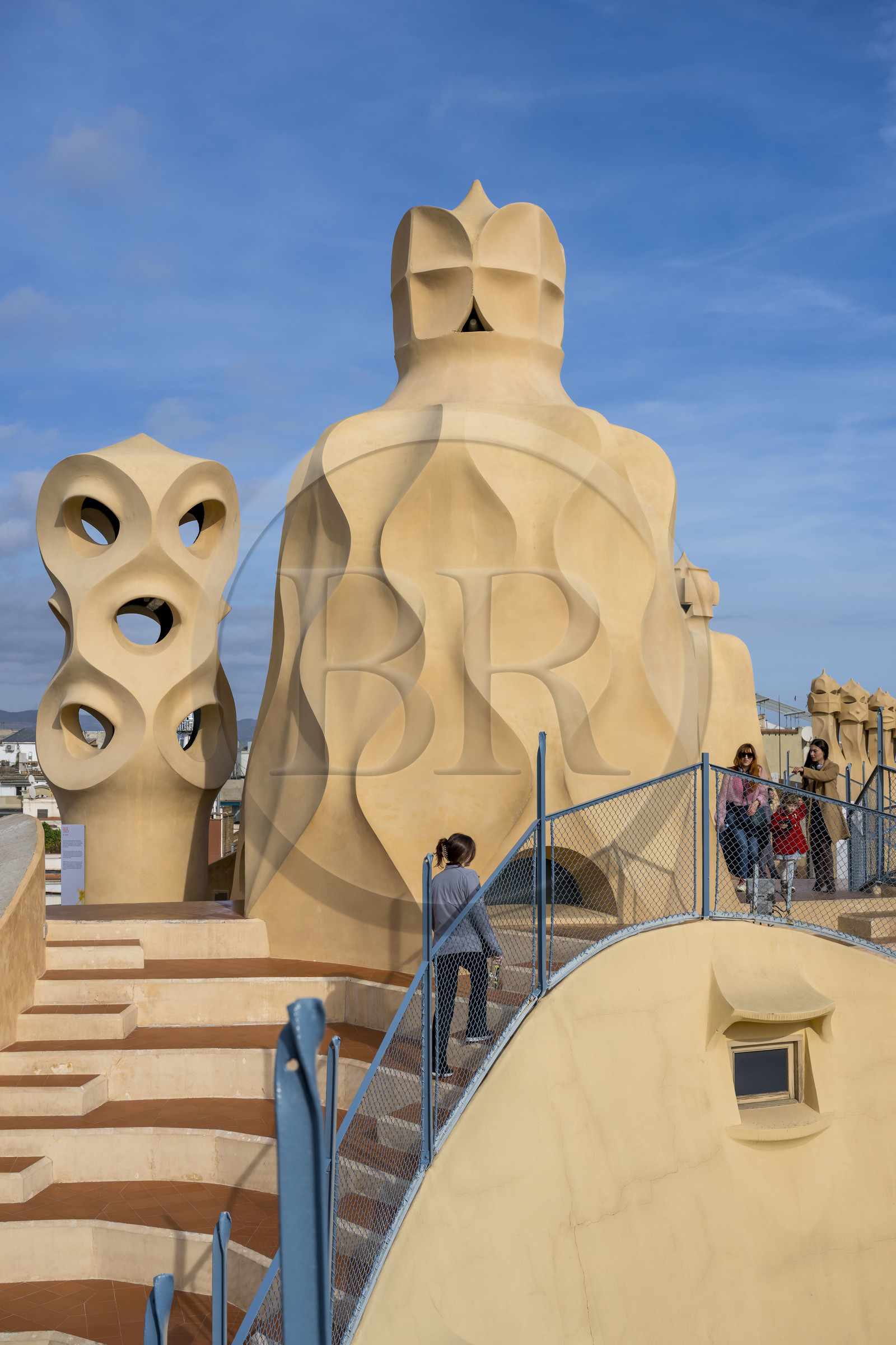 Spain, Catalonia, Barcelona, Eixample district, Passeig de Gracia, Pedrera or Casa Mila (1905-1910) by the Catalan modernist architect Antoni Gaudi, UNESCO World Heritage site, chimneys and ventilation towers on the roof terrace of the building