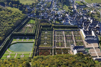 France, Indre et Loire, Loire Valley listed as World Heritage by UNESCO, the castle and gardens of Villandry (owners Henri and Angelique Carvallo) (aerial view)