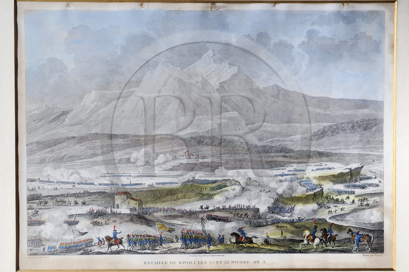 Italie, province de Vérone, la bataille de Rivoli a eu lieu le 14 et 15 janvier 1797 aux environs de Rivoli Veronese qui a vu la victoire de l'armée française menée par Napoleon Bonaparte face à l'armée autrichienne, gravure du musée napoleonnien