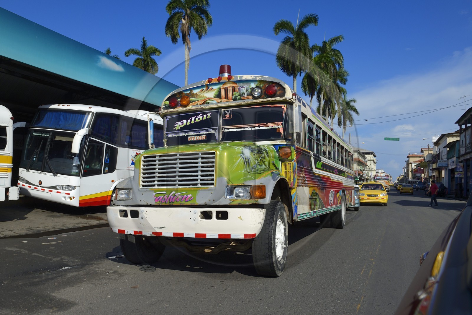 Panama, Colon province, city of Colon, bus called Diablo Rojo (Red Devil) covered with garish paintings