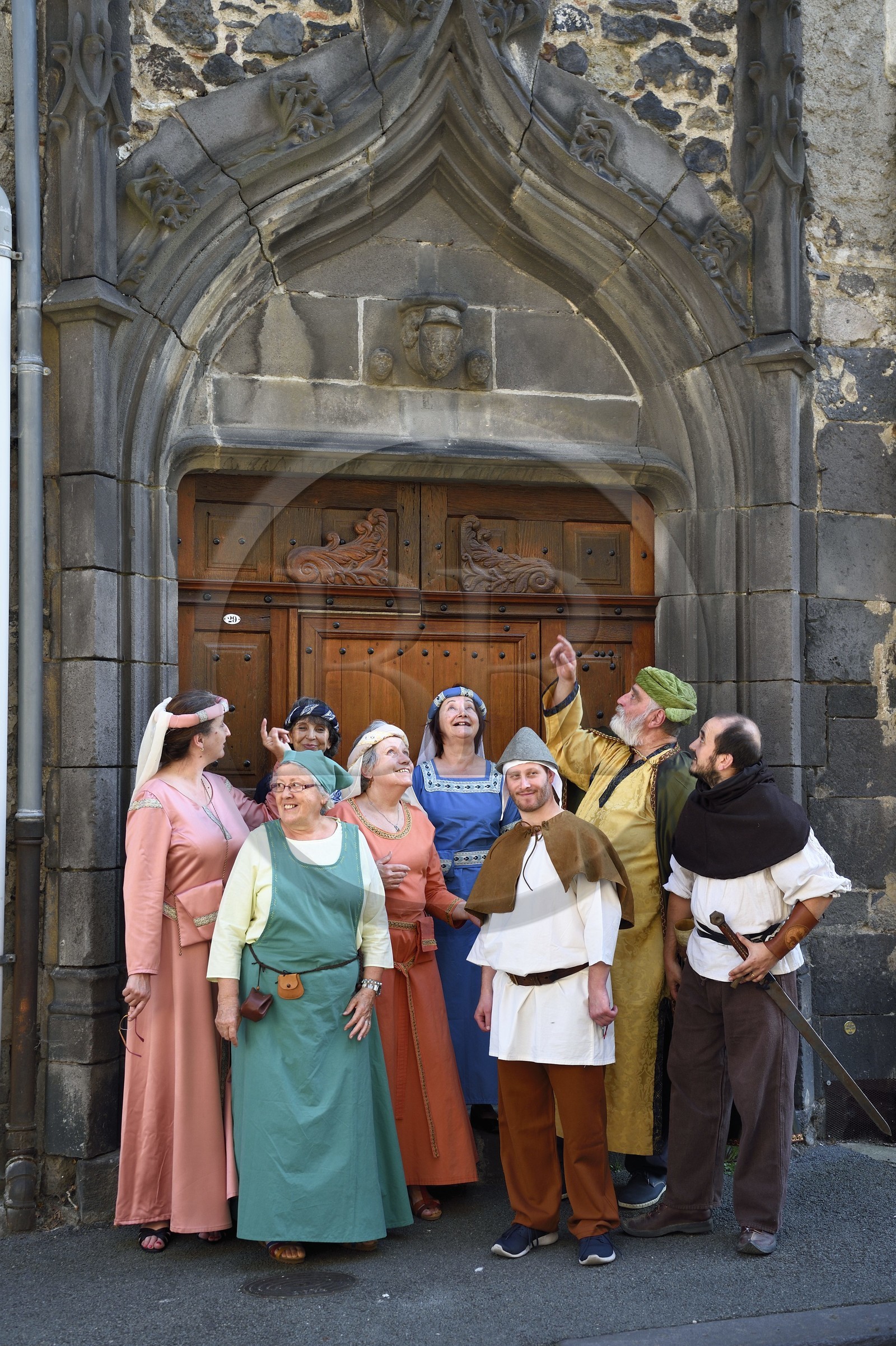 France, Puy de Dome, Clermont Ferrand, Montferrand district, rue de la Rodade, members of the association Il était une fois Montferrand (Once Upon a Time in Montferrand) in medieval costumes