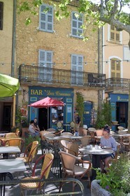 France, Var, the Dracenie, village de Tourtour, labelled Les Plus Beaux Villages de France (The Most Beautiful Villages of France), bar and terrace from the main square place des Ormeaux
