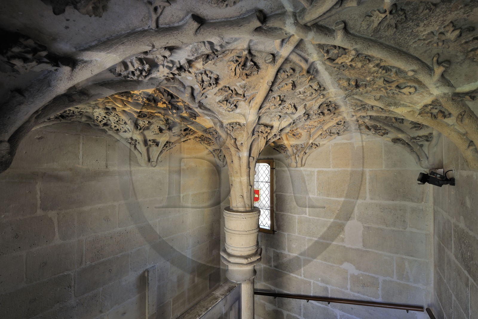 France, Paris (75), La tour (de) Jean-sans-Peur édifiée au XVe siècle, dernier vestige de l'hôtel des ducs de Bourgogne rue Étienne-Marcel, construite sur l'enceinte Philippe-Auguste, le décor végétal de la voûte de l'escalier à vis