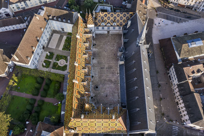 France, Cote d'Or, Beaune, area listed as World Heritage by UNESCO, Hospices de Beaune, Hotel Dieu (aerial view)