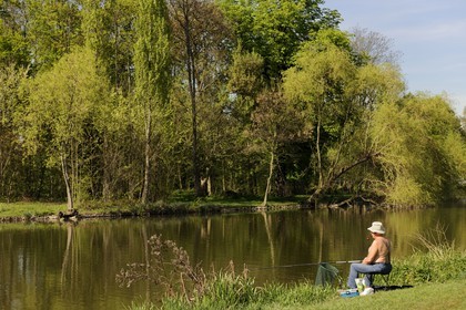 France, Paris (75), Bois de Boulogne, pecheur au bord de l'Etang de Longchamp