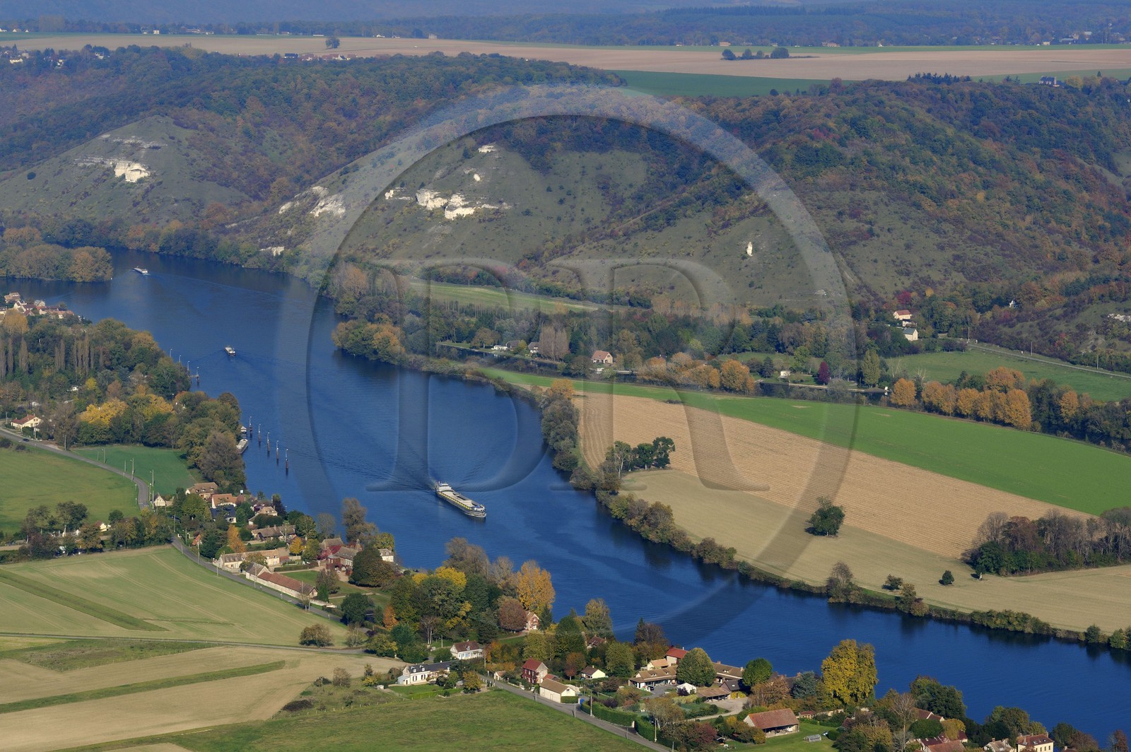 France, Eure, barge on the Seine upstream of Amfreville-sous-les-monts and the cote des Deux-Amants (aerial view)