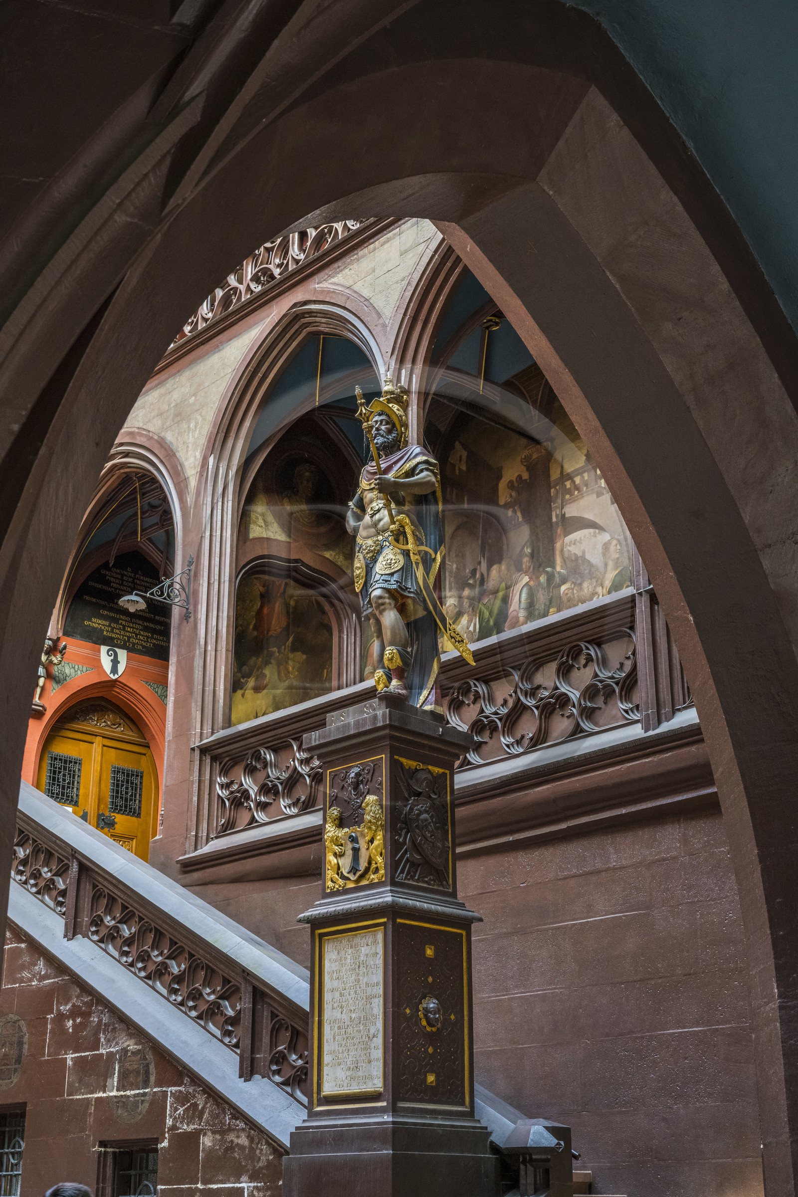 Switzerland, Basel, Marktplatz, City hall (Rathaus), statue of Lucius Munatius Plancus
