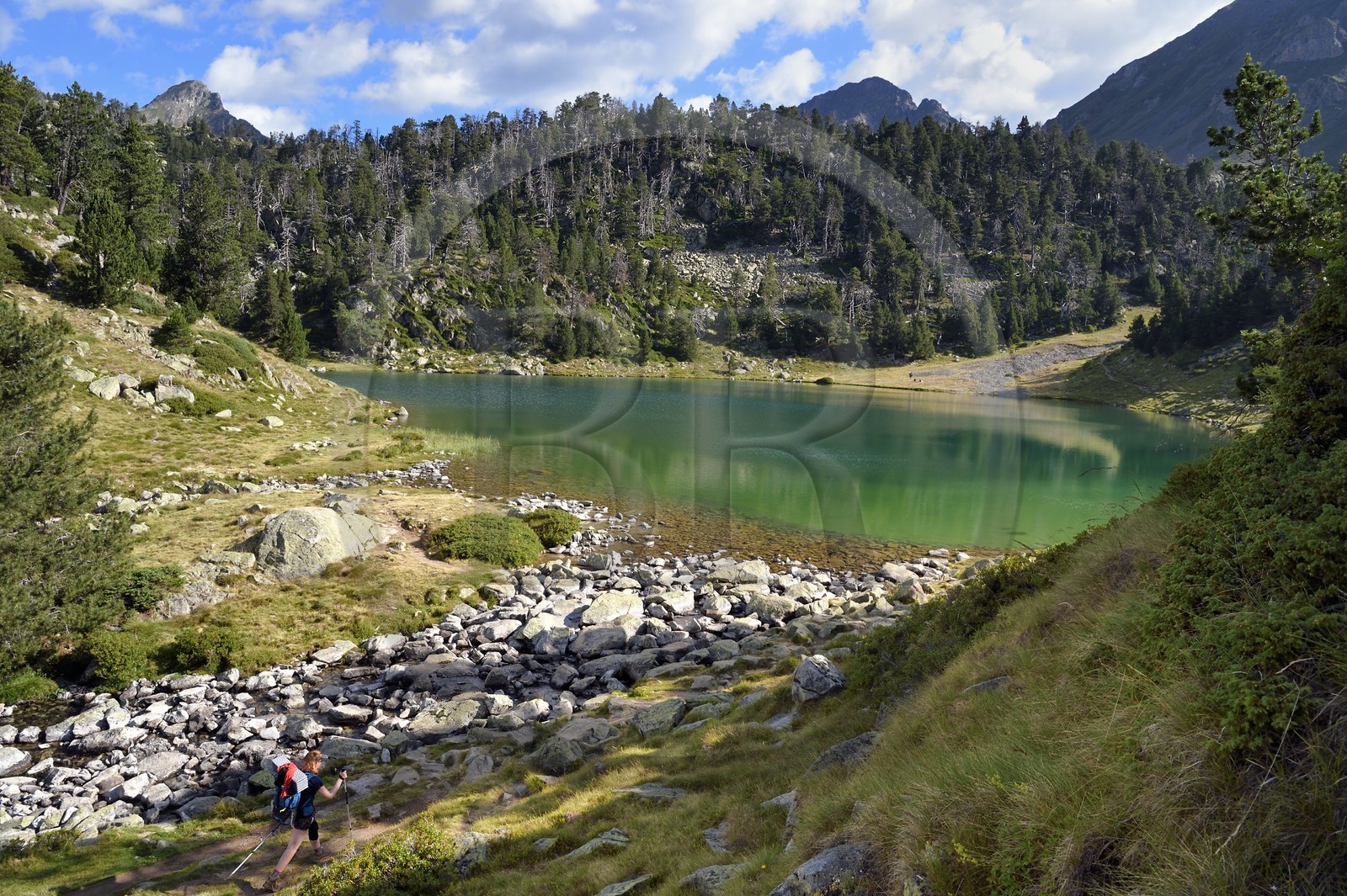 France, Hautes-Pyrénées (65), Saint-Lary-Soulan et Vielle-Aure, randonnée sur une variante du GR10 entre le col de Portet et les lacs de Bastan en bordure de la réserve naturelle de Néouvielle, lac de Bastan inférieur