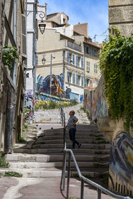 France, Bouches du Rhone, Marseille, Panier district, murals and graffiti along the stairs of the Montée Saint Esprit
