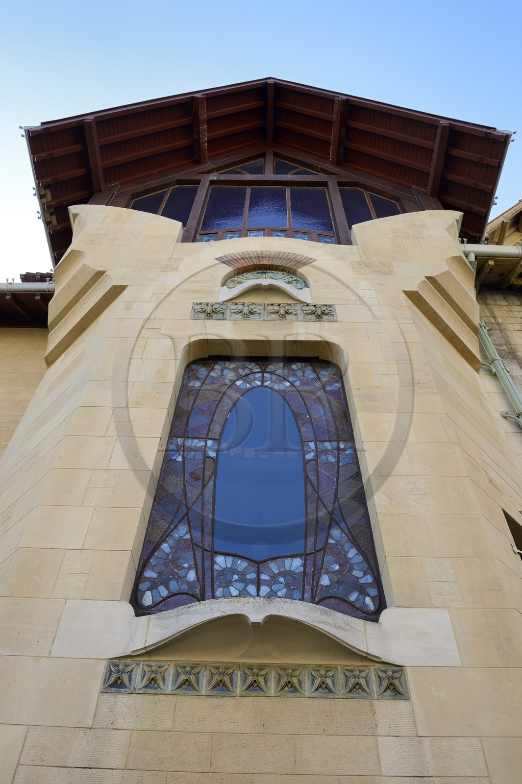 France, Meurthe-et-Moselle, Nancy, the Villa Majorelle of Art Nouveau style by architect Henri Sauvage, stained glass window by Jacques Gruber in the main staircase