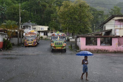 Panama, Colon province, Portobelo, bus called Diablo Rojo (Red Devil) covered with garish paintings