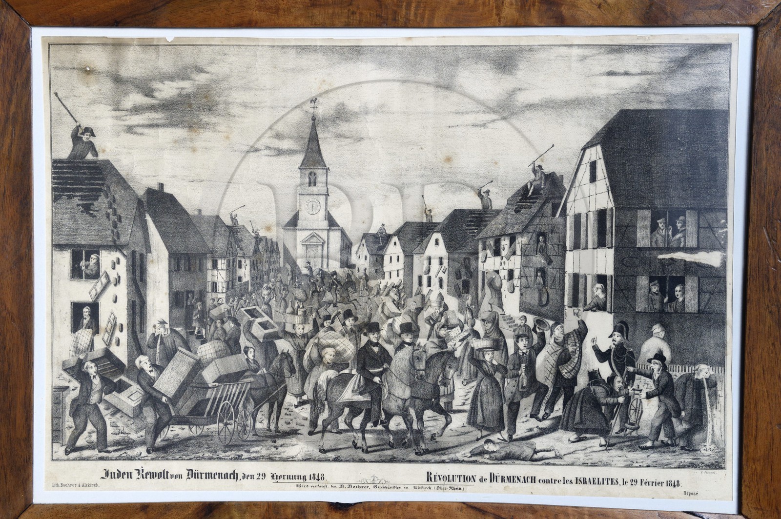 France, Haut-Rhin (68), Sundgau, Oltingue, le musée Paysan, gravure représentant les émeutes antisémites du 29 février 1848 à Dürmenach