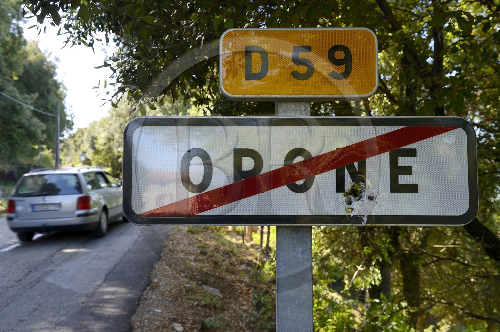 France, Corse-du-Sud (2A), Alta Rocca, panneau routier troué par des tirs de balles